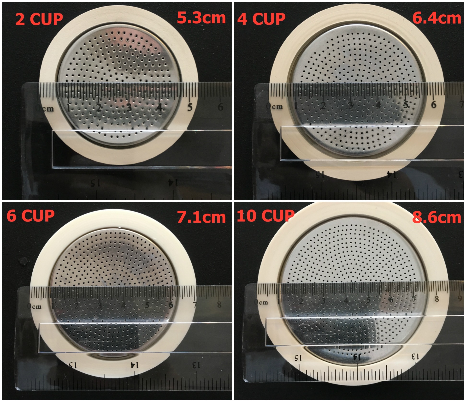 Bialetti Stainless Steel Seal & Filter Packs with diameter measurements